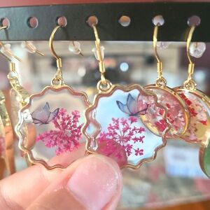 Hot Pink Pressed Flower Butterfly Earrings